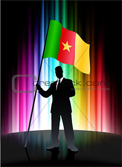 Cameroon Flag with Businessman on Abstract Spectrum Background