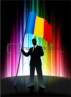 Romania Flag with Businessman on Abstract Spectrum Background