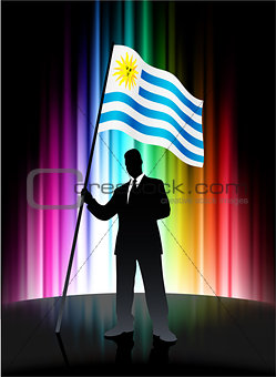 Uruguay Flag with Businessman on Abstract Spectrum Background