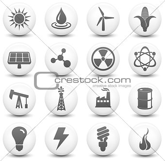 Energy Icon on Round Black and White Button Collection