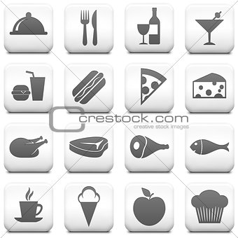 Food Icon on Square Black and White Button Collection