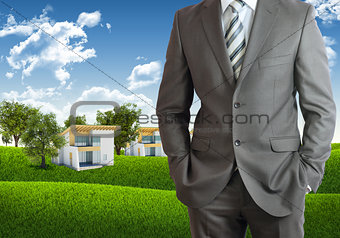 Businessman and urban scene as backdrop