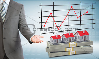 Businessman points hand on houses and money