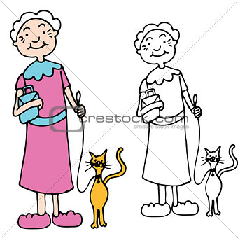 Senior Woman Walking Cat on Leash