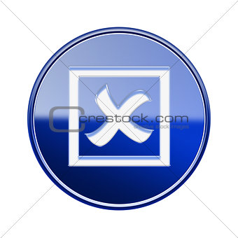 close icon glossy blue, isolated on white background.