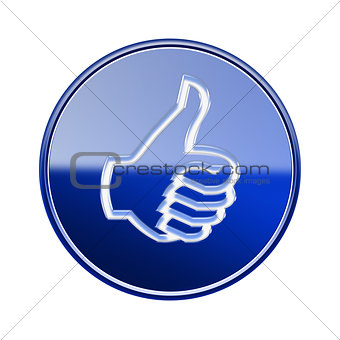 thumb up icon glossy blue, isolated on white background.