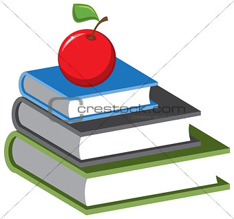 Stack of books and an apple. Vector cartoon