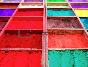 Bright colored tika powder used in Hindu religion