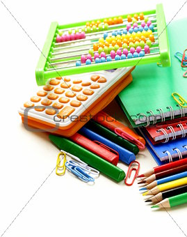 Back to school concept, school stationery multicolored pencils and notebooks