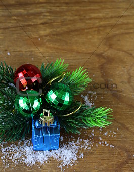 Christmas composition with holiday decorations and gifts