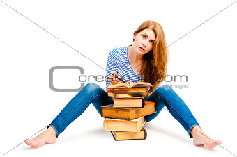 frustrated student and lots of books