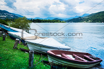 Lugano Lake, boats at rest on the grass