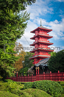 Chinese red tower at park in Brussels, Belgium