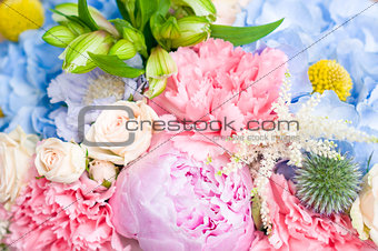 bright luxury wedding bouquet closeup, flowers background