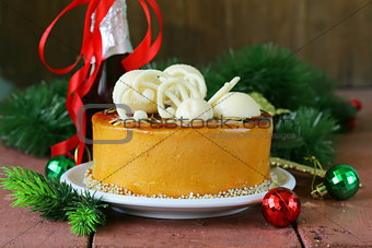 festive Christmas cake caramel biscuit  decorated with white chocolate