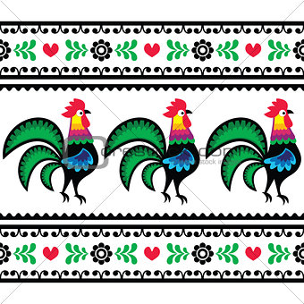 Seamless Polish folk art pattern with roosters - Wzory lowickie, Wycinanka