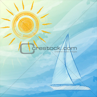 blue summer background with suns and boat