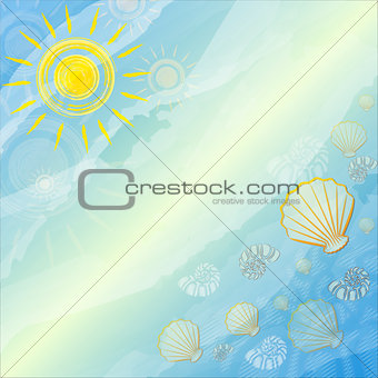 blue summer background with suns and shells