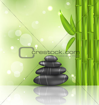 Meditative oriental background with bamboo and heap stones, spa 