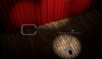 3d stage with red curtain and vintage microphone 