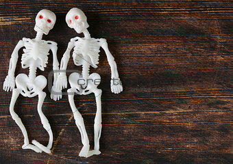 two funny skeleton on a black wooden board