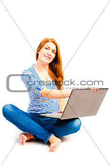 woman sitting in a lotus position on a white background with a l