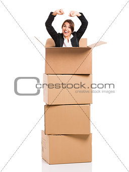 Business woman appear inside card boxes