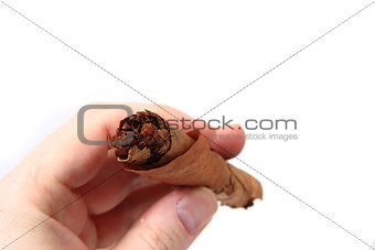 old cigar in human hand
