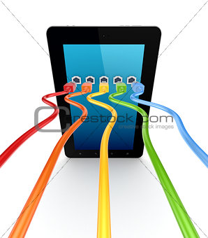Colorful patchcords connected to tablet pc.