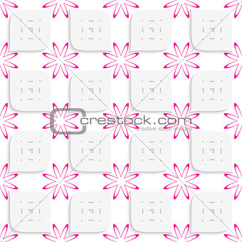 White geometrical perforated leaves and pink flowers seamless