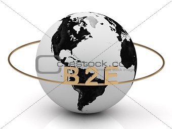 B2E golden letters on a gold ring around the earth