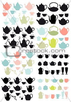 coffee and tea pots and mugs, vector 