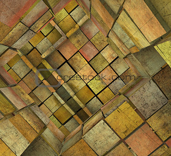 3d fragmented tiled mosaic labyrinth in orange pink