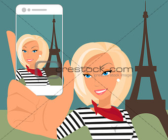 Vector illustration of blond woman is taking a self snapshot  in Paris