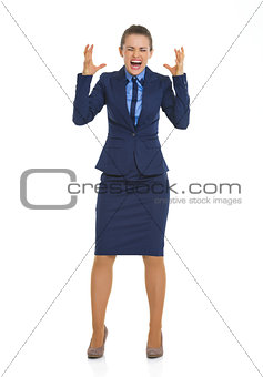 Full length portrait of stressed business woman
