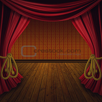 Retro red curtains with wood floor