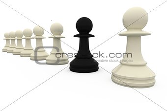 Black chess pawn standing with white pieces