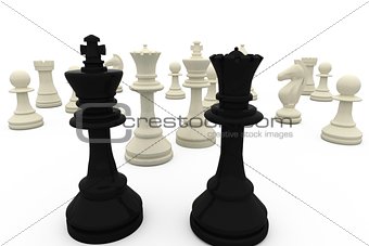 Black king and queen facing white pieces