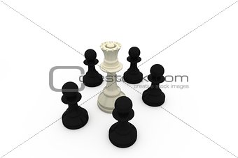 White queen surrounded by black pawns