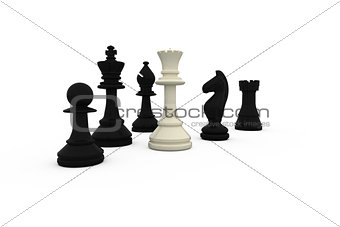 White queen standing with black pieces