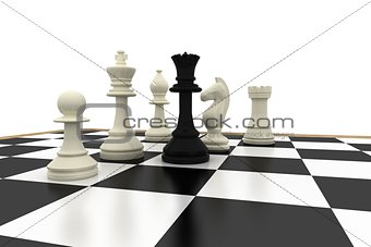 Black queen standing with white chess pieces