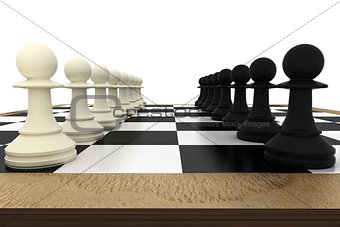 White and pawns facing off on board