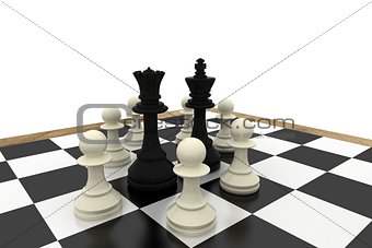Black king and queen surrounded by white pawns