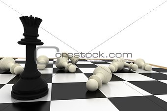 Black queen standing with fallen white pawns