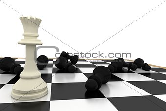 White queen standing with fallen black pawns