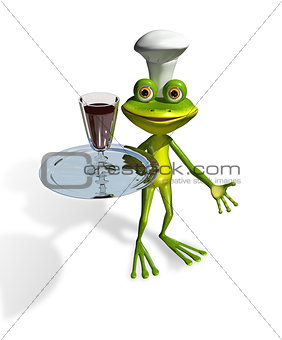 frog with a glass of wine on a tray