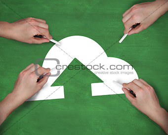 Composite image of multiple hands writing cloud computing icon with chalk