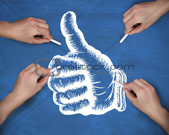 Composite image of multiple hands drawing thumbs up with chalk