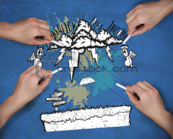 Composite image of multiple hands drawing money doodle with chalk