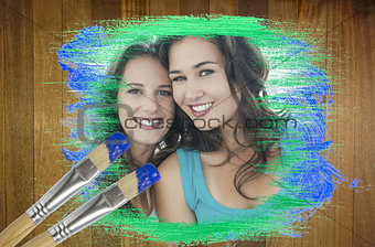 Composite image of friends smiling at camera